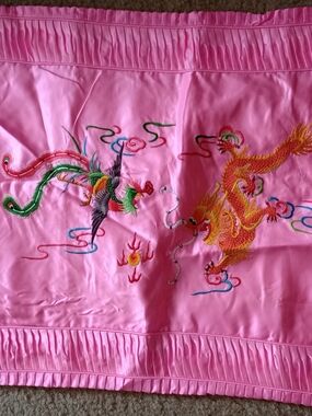 Embroidered Dragon & Phoenix Pillow Sham Covers Vintage Pink Pillowcases China